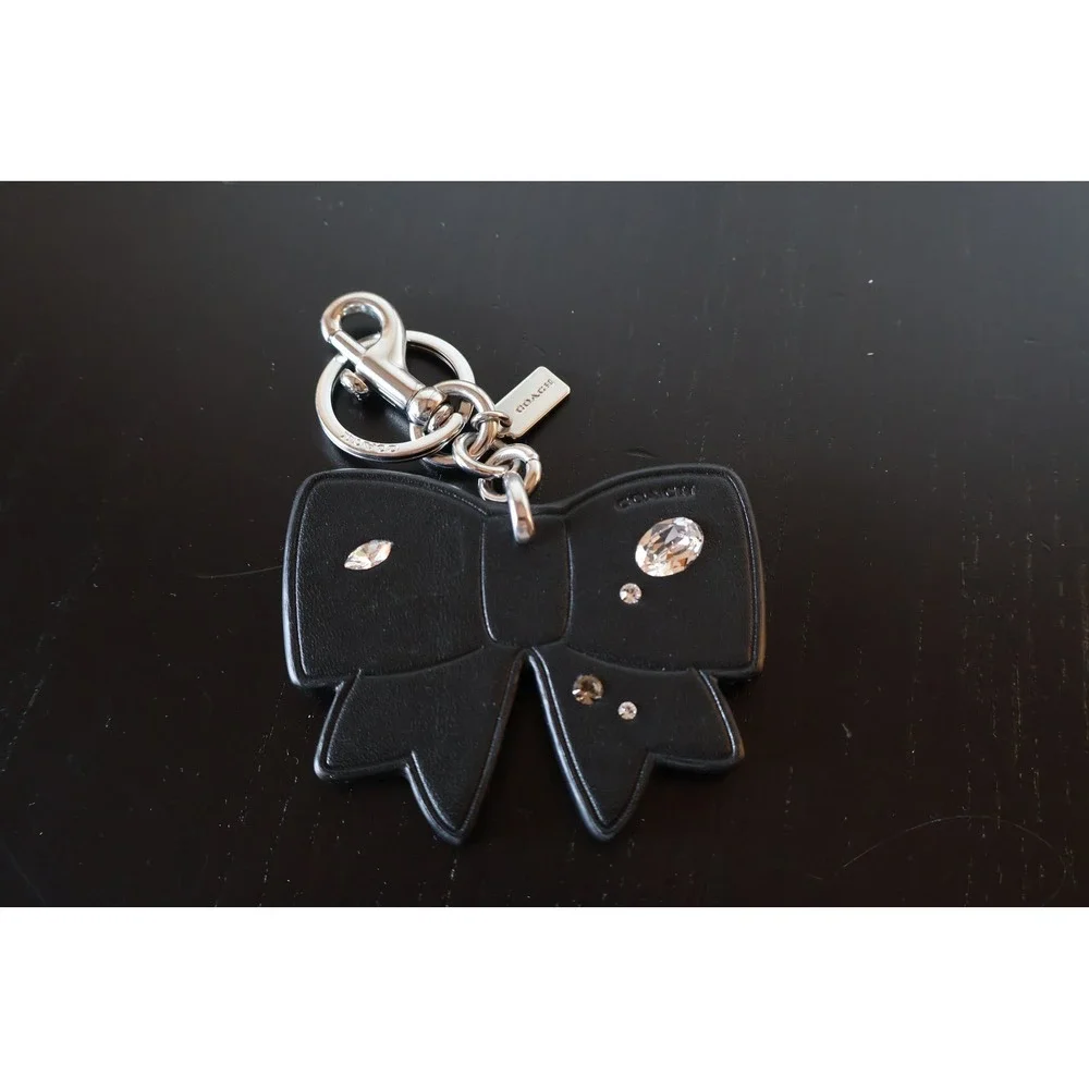 Coach Bow Bag Charm With Gems CZ171 Black Leather Crystal Keychain